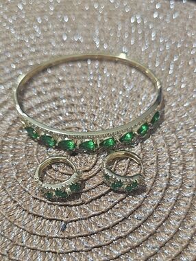 Gold-Tone Green Crystal Bracelet and Hoop Earrings Set